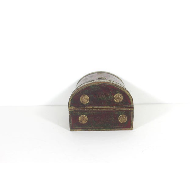 Wood Vintage Humpback Dome Top Wood and Brass Box, Brass Trim, Lidded, Hinged Lid Box, Brown Red Green Gold Trinket For Sale - Image 7 of 10