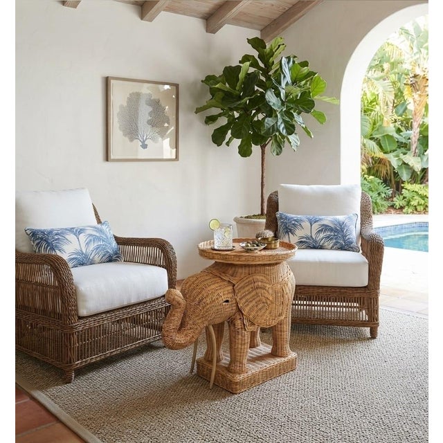 Ecru Vintage Natural Wicker and Rattan Elephant Accent Side Table With Tray Top For Sale - Image 8 of 12