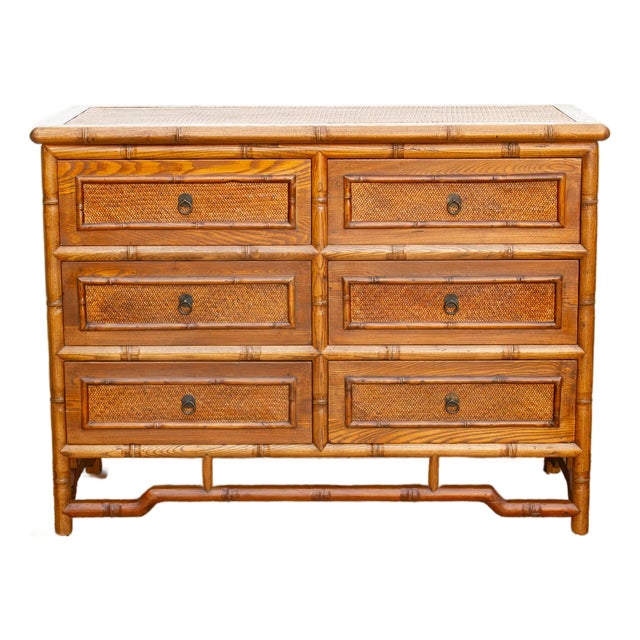 20th Century Faux Bamboo & Cane 6-Drawer Dresser For Sale
