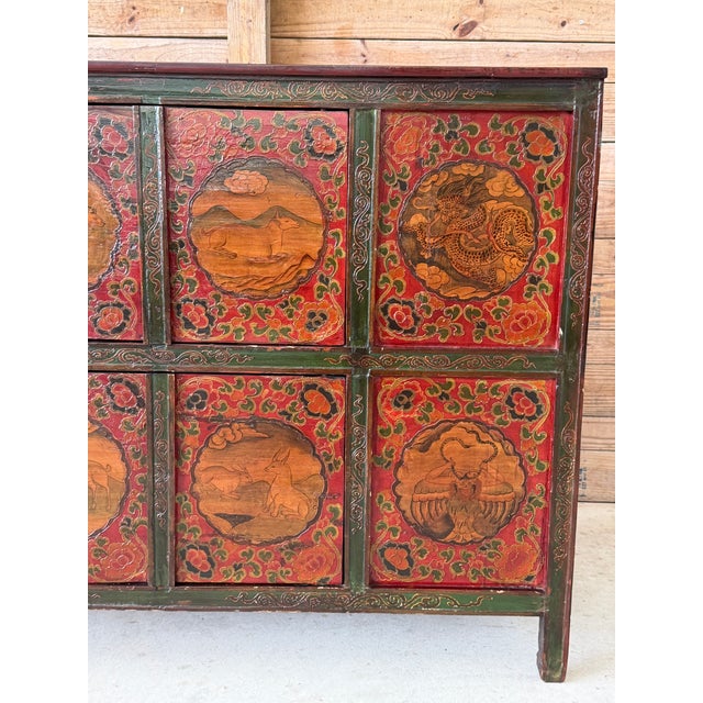 Asian Vintage Tibetan Polychrome Painted Cabinet With Animal and Floral Panels For Sale - Image 3 of 12