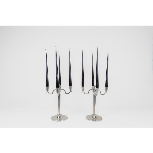 Wonderful, sculptured Art Deco candelabras made in pewter. Made in Sweden, 1940s-1950s The Art Deco details in these two...
