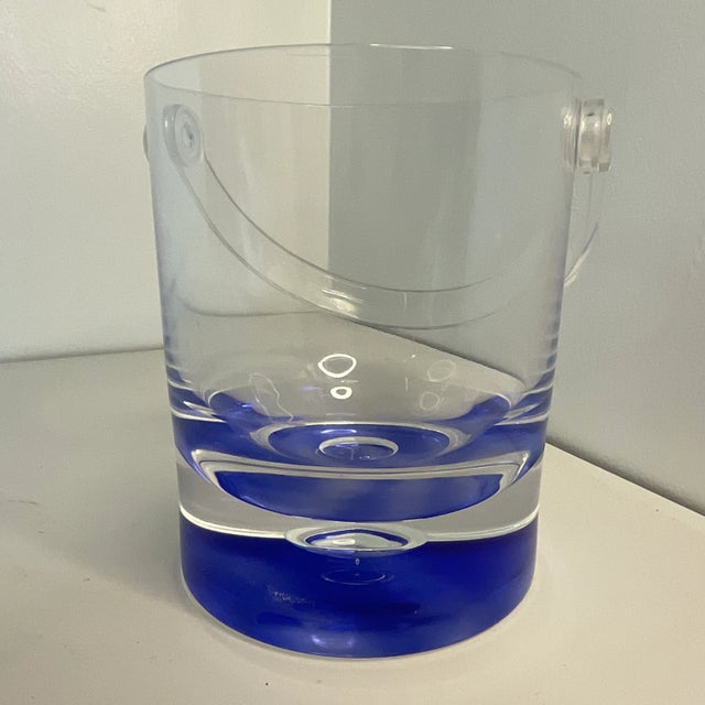 Vintage Lucite Blue Cut to Clear Ice Bucket With Tongs For Sale - Image 4 of 10