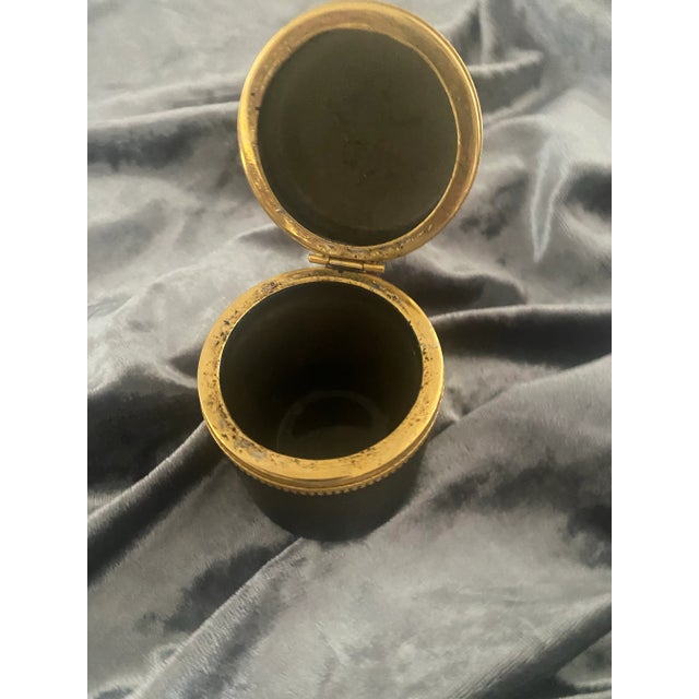 Onyx Vintage Cylindrical Black and Brass, Opaque Black Hinged Lid Casket Box For Sale - Image 8 of 8