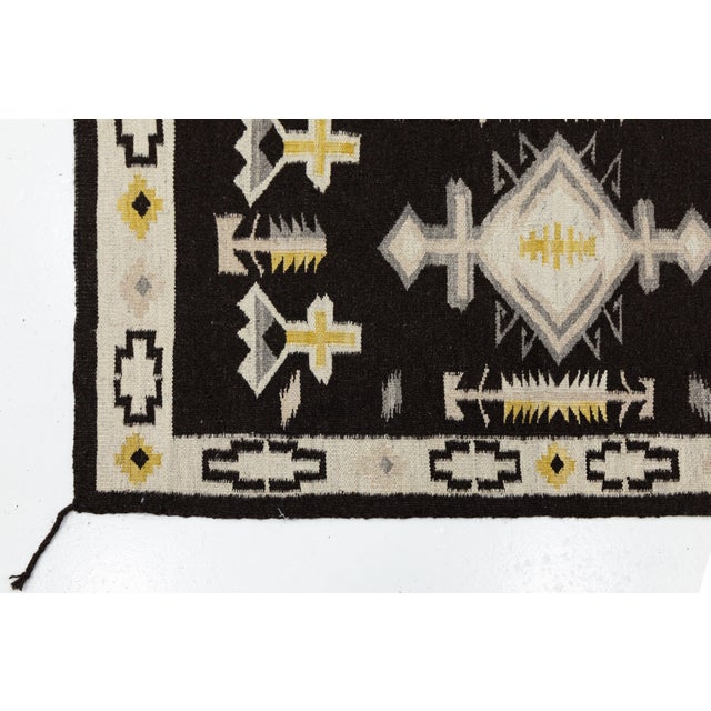 2020s Modern Navajo Style Handmade Wool Area Rug in Black, Cream & Ochre Accent For Sale - Image 5 of 8
