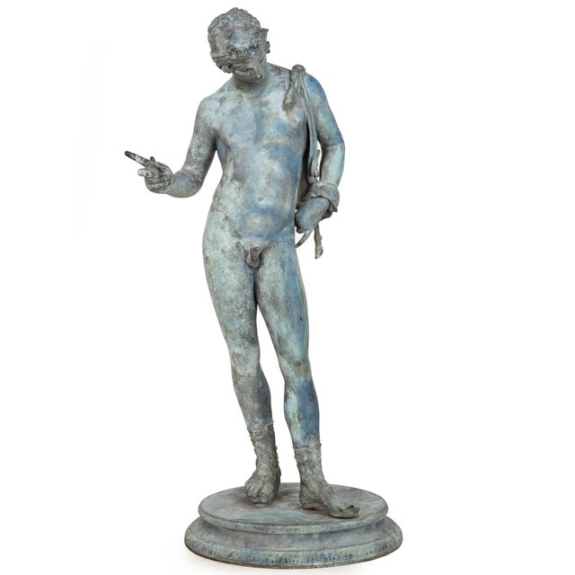 GRAND TOUR Italy, late 19th century "Narcissus" Verdigris patinated bronze | cast circa 1910 Unmarked 24 1/4" H x 10 1/8"...