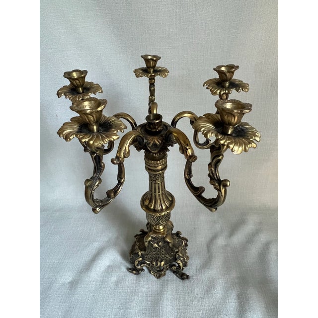 Pair of Antique Ornate French Rococo 5-Arm Brass Candelabras For Sale In Washington DC - Image 6 of 12