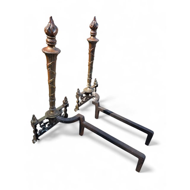 Metal Andirons Louis XVI Style Flame Torch Antique Brass a Pair For Sale - Image 7 of 12