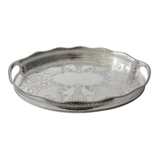 Vintage English Edwardian Celtic Style With Open Handled Silver Plate Over Copper Serving Tray, Bar Tray For Sale
