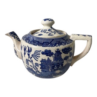 Early 20th Century Large Blue Willow Tea Pot For Sale