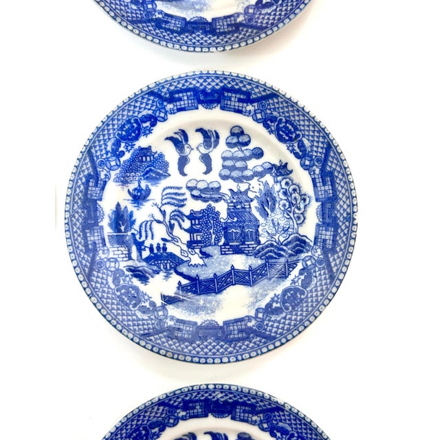 English Antique Blue & White Willow Butter Pat Plates- Set of 6 For Sale - Image 3 of 7