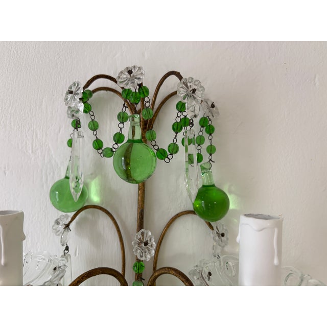 Italian Green Murano Glass Drops, Prisms & Swags Sconces C 1930 For Sale - Image 6 of 11