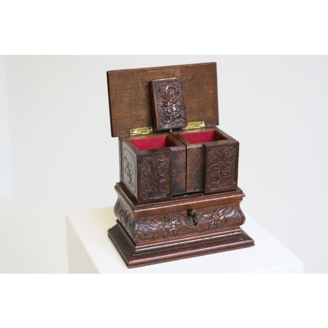 Antique Black Forest Jewelry Box in Carved Fruitwood and Red Velvet Chest, 1890 For Sale - Image 3 of 11