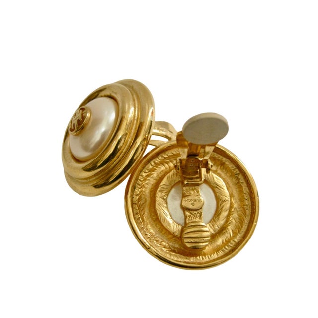 Givenchy 1980s Givenchy Classic Chanel Inspired Glass "Gg" Logo Glass Pearl Gold Plated Earrings, 2 Pieces For Sale - Image 4 of 4