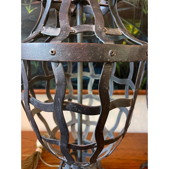 Spanish Revival Vintage Hand-Forged Wrought Iron Basket Form Table Lamps, a Pair For Sale - Image 3 of 10