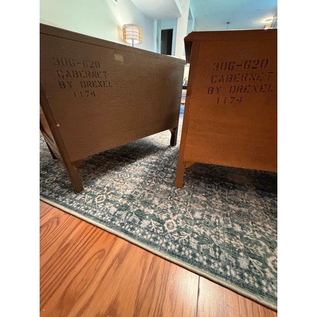 Brown 1970s Drexel Cabernet French Provincial Two-Drawer Nightstands — A Pair For Sale - Image 8 of 12