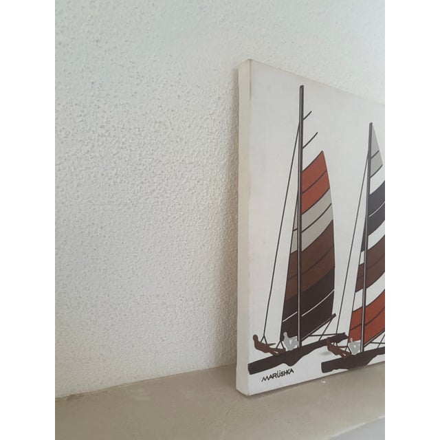 Vintage Marushka screen print of two sailboats on a stretched linen canvas. Founded by Richard Sweet in 1971 in Michigan,...