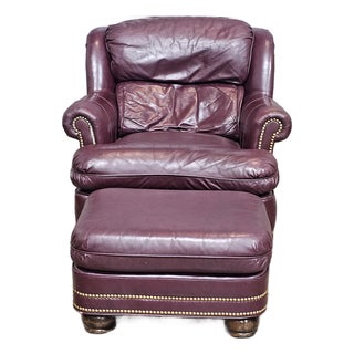Late 20th Century Hancock & Moore Burgundy Leather Club Chair Arm Chair W Match Ottoman Made in the Usa For Sale