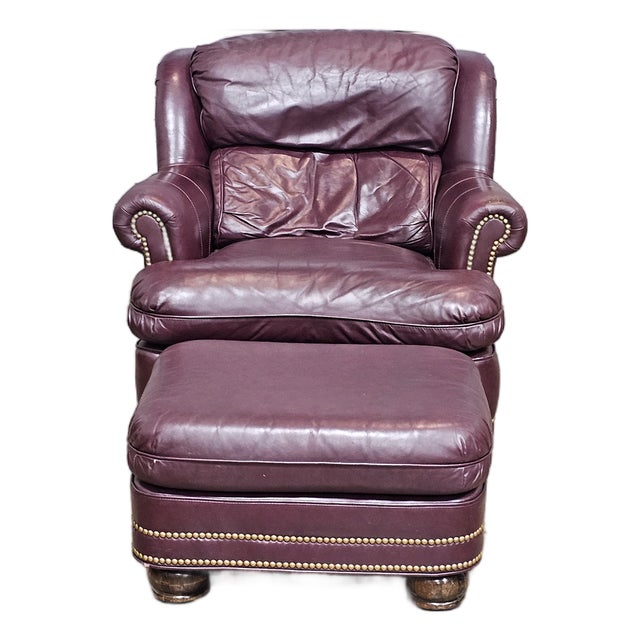 Late 20th Century Hancock & Moore Burgundy Leather Club Chair Arm Chair W Match Ottoman Made in the Usa For Sale