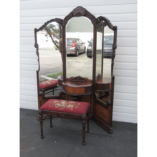 Early 20th Century 1920s Carved Tri Fold Vanity Makeup Dressing Table and Stool 6454 For Sale - Image 5 of 18
