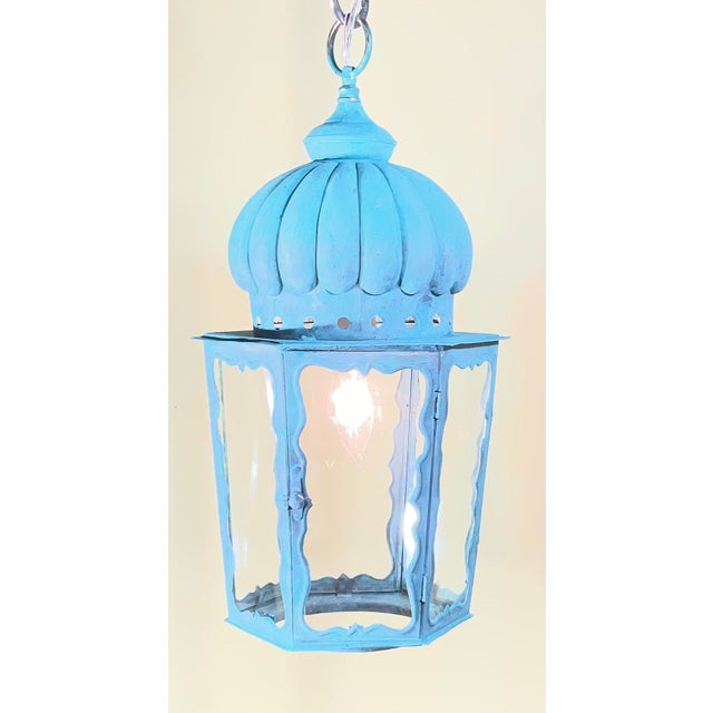 Rustic Solid Brass Antique Hexagonal Hanging Lantern / Pendant Light - 19”h X 9”.5 W For Sale - Image 3 of 18