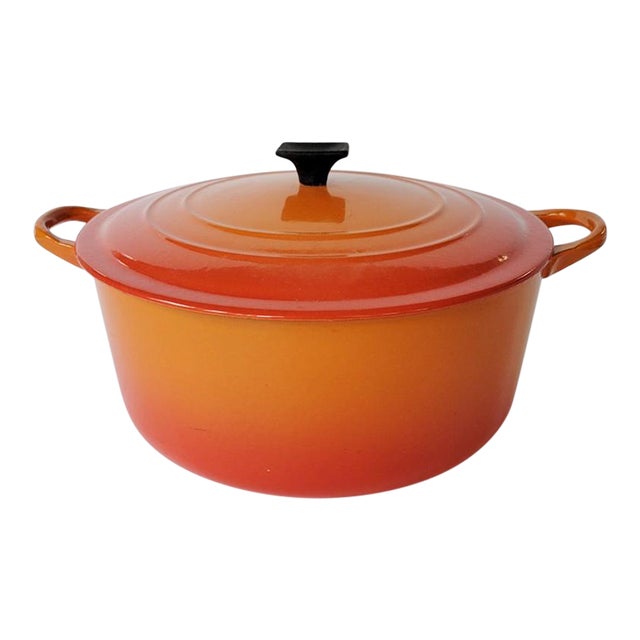 Vintage Mid Century Le Creuset Flame Orange Dutch Oven Pot With Lid