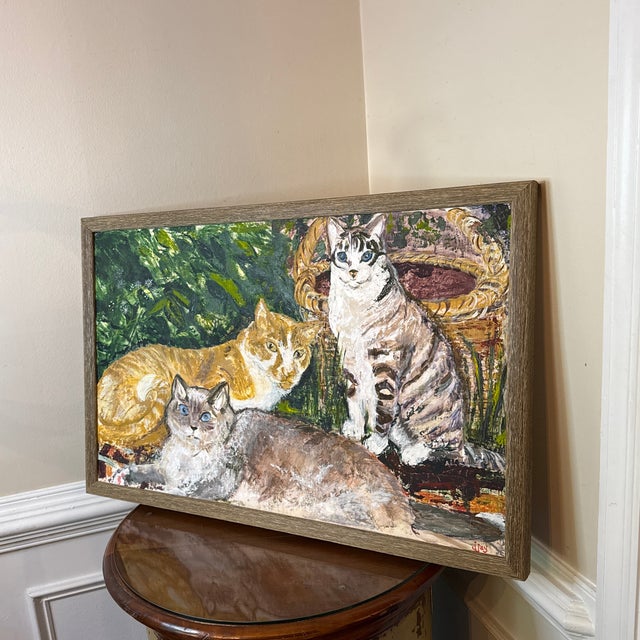 Vintage 1970s Acrylic Cat Painting ~ Framed and Signed Jjay For Sale - Image 9 of 12