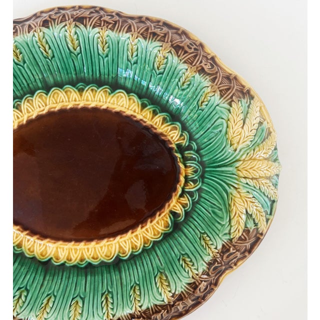 Antique Majolica 19th century English hand painted bread tray with the saying on the outer edge "Eat Thy Bread With...