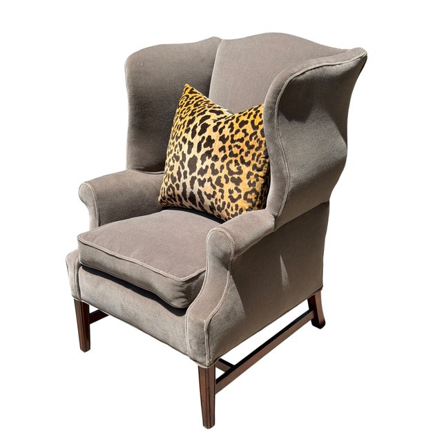 Antique 19c Georgian Wingback Arm Chair. It was freshly upholstered in expensive gray mohair. The pillow is not included...