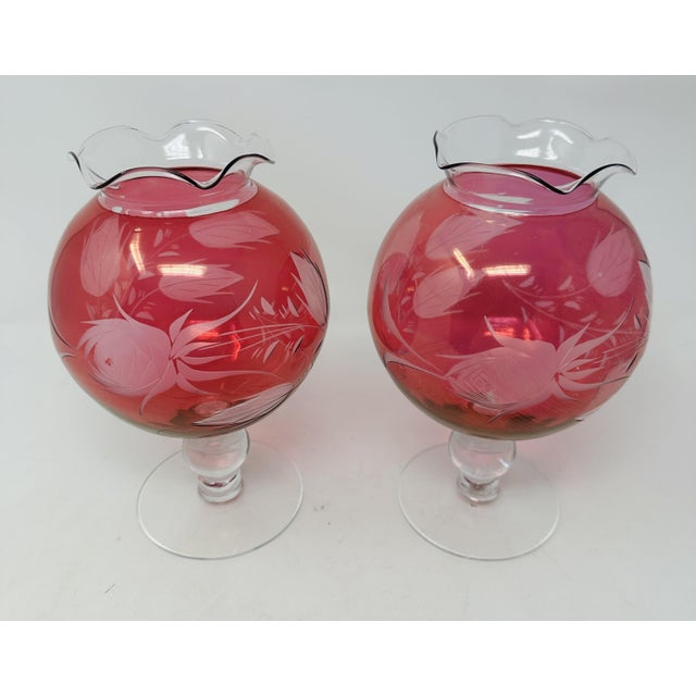Mid-Century Modern Set of 2 Grand 8" Princess House "Heritage" Cranberry Glass Rose Bowls - Circa 1974 For Sale - Image 3 of 11