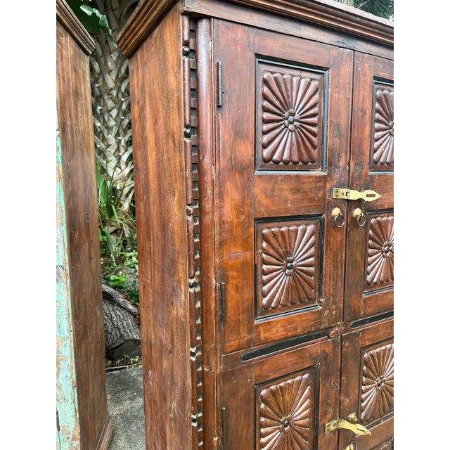 Mid-Century Modern Antique Indian Sunburst Carved Armoire | Dark Wood Double-Door Wardrobe Cabinet 66 For Sale - Image 3 of 6