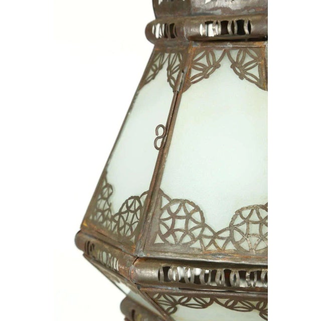 White Moroccan Moorish Lantern With Filigree Designs and Milky Glass Pendant For Sale - Image 8 of 9