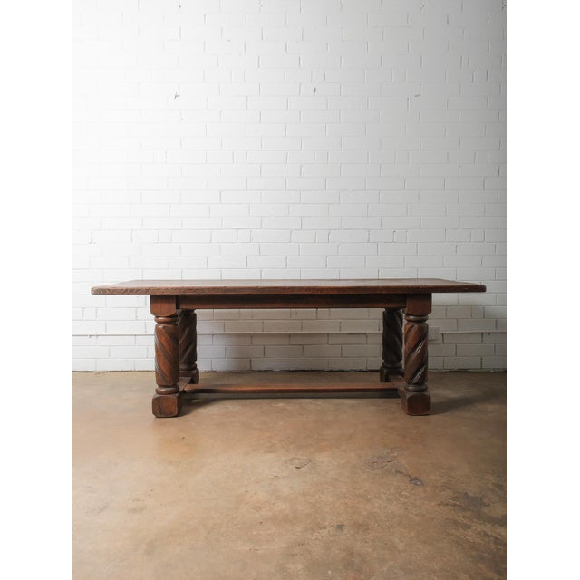 Antique Solid Oak Dining Table With Barley Twist Legs and Stretcher Base For Sale In Greensboro - Image 6 of 6