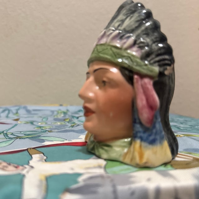 Ceramic Antique Figural Majolica Native American Chief Tobacco Humidor Jar, Circa 1910 For Sale - Image 7 of 11