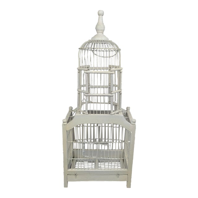Vintage White Wood and Wire Decorative Birdcage Shabby Chic For Sale