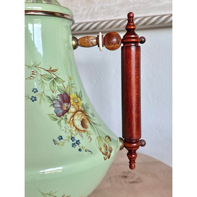 Vintage 1995 Camp Mackenzie Childs Green Floral Coffee Pot/Kettle With Wood Handle and Lid For Sale - Image 6 of 12
