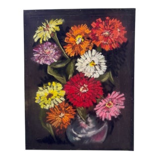 Henry Emil Salloch Original Pastel on Paper Vase of Multicolored Zinnias, 1965. For Sale