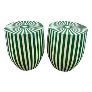 Art Deco Style Green & White Cylindrical Resin Side, End Table or Stool, a Pair For Sale