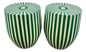 Art Deco Style Green & White Cylindrical Resin Side, End Table or Stool, a Pair