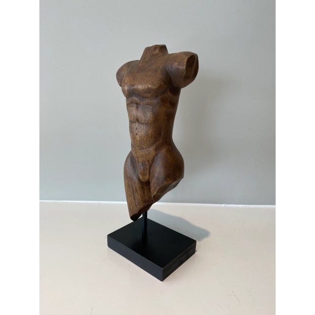 Contemporary Mid 20th Century Vintage Male Torso Wood Carving For Sale - Image 3 of 8
