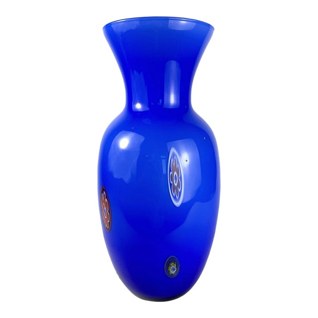 Vintage Murano Style Blue Millefiori Italian Art Glass Large Vase For Sale