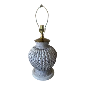 1970s Coastal Boho Brass and White Wicker Basketweave Table Lamp