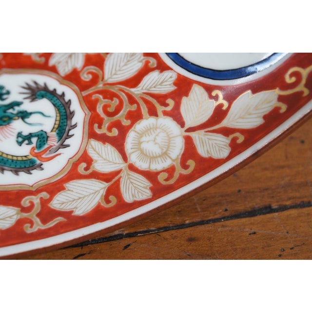 Ceramic Antique Japanese Kutani Porcelain Dragon Phoenix Bird Charger Plate For Sale - Image 7 of 12