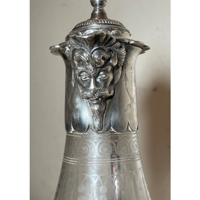19th Century Antique 1800's Ornate Silverplate Etched Crystal Glass Wine Claret Decanter For Sale - Image 5 of 13