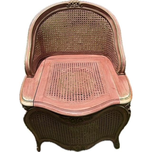 This Antique French Louis XV Cane Wood "chaise percée" Commode Potty Chair is a stunning piece of furniture with a floral...