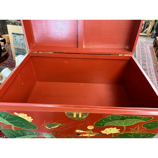 Red Asian Red Lacquer Trunk Hand Painted Lilly Pad Motif For Sale - Image 8 of 9