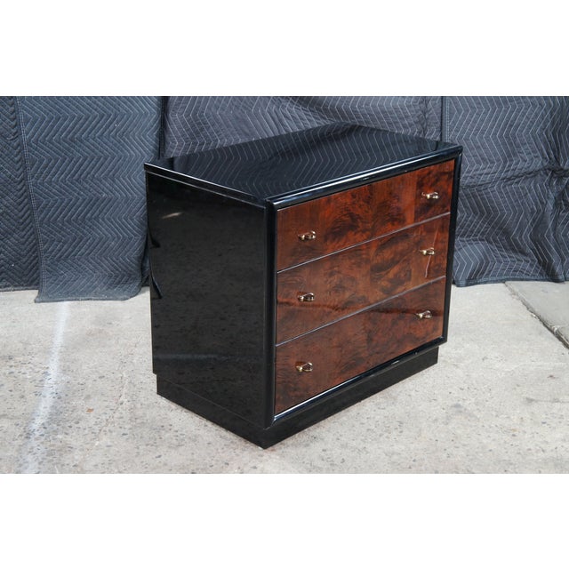 1980s Henredon Scene Three Art Deco Style Walnut Burl Black Lacquer Chest of Drawers For Sale - Image 12 of 15