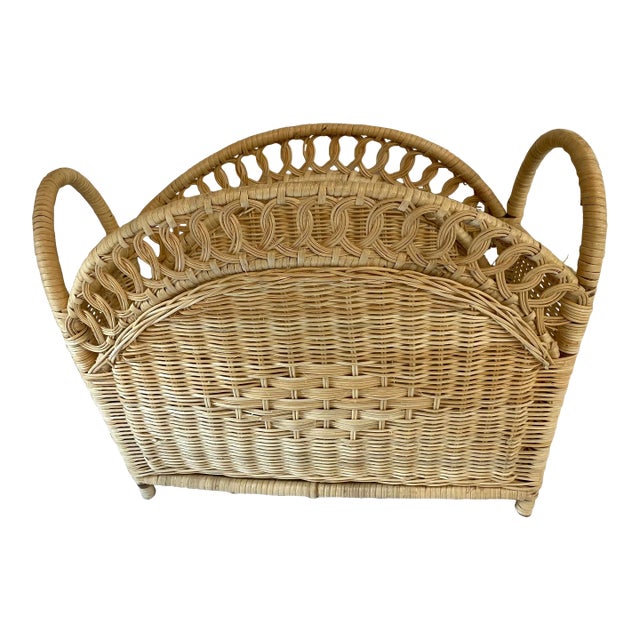 Vintage Natural Wicker Magazine Rack Basket For Sale