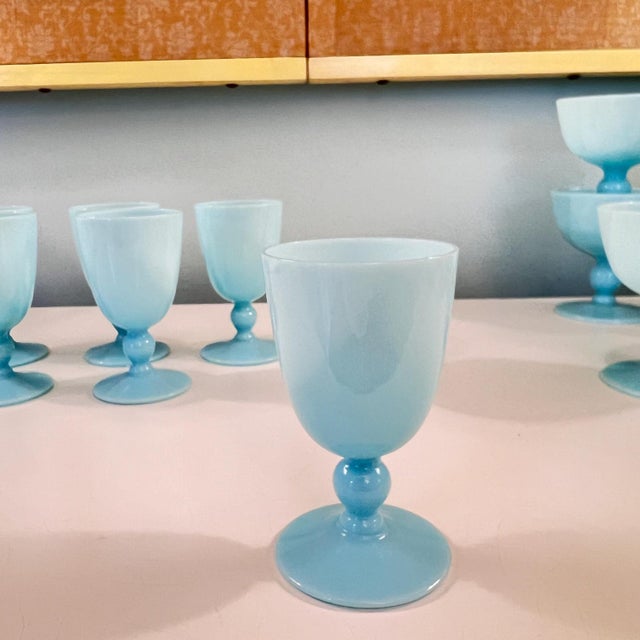 Morgantown Glass 1930s Pretty set of 6 Morgantown Americana Turquoise blue opaline cordial glasses // demi crystal // liqueur glasses // blue glasses For Sale - Image 4 of 4