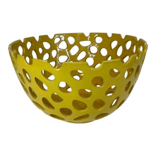 1990s Contemporary Free Form Cutout Ceramic Decorative Bowl in Mustard Yellow For Sale