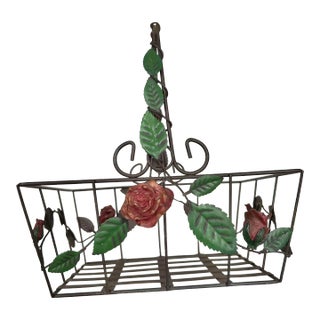 1980s Vintage Metal Basket With Roses With Handle For Sale